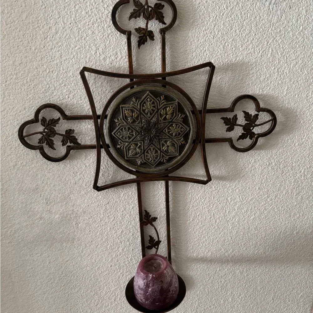 Decorative Metal Wall Cross with Candle Holder
